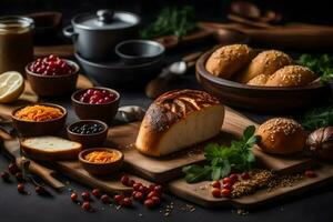 verschiedene Typen von Brot auf ein Schneiden Tafel. KI-generiert foto