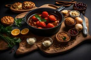 ein schwenken mit Tomaten, Eier, Brot und andere Zutaten. KI-generiert foto