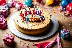 ein Geburtstag Kuchen mit das Wort glücklich Geburtstag geschrieben auf Es. KI-generiert foto