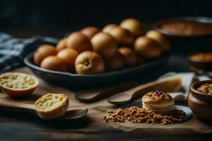 ein Tabelle mit ein Schüssel von Äpfel, ein Schüssel von Nüsse und ein Schüssel von Brot. KI-generiert foto