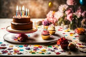 Geburtstag Kuchen mit Kerzen und Cupcakes auf ein Tisch. KI-generiert foto