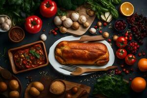 ein Laib von Brot umgeben durch Gemüse und andere Zutaten. KI-generiert foto