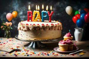 glücklich Geburtstag Kuchen mit Kerzen und Luftballons. KI-generiert foto