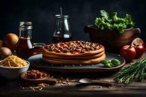 ein Pizza mit Fleisch, Käse und Gemüse auf ein Tisch. KI-generiert foto