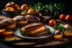 ein Teller von brot, Orangen, und andere Lebensmittel. KI-generiert foto