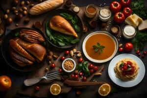 verschiedene Lebensmittel einschließlich brot, Käse, Tomaten, und andere Zutaten. KI-generiert foto