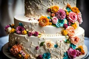 ein Hochzeit Kuchen mit bunt Blumen auf oben. KI-generiert foto