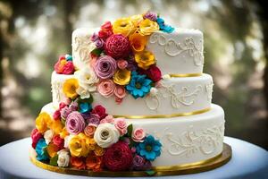 ein drei abgestuft Kuchen mit bunt Blumen auf oben. KI-generiert foto