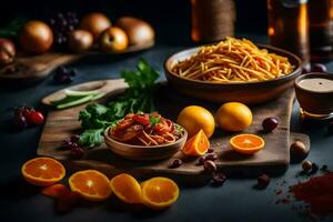 ein Vielfalt von Essen Artikel einschließlich Pasta, Orangen und Gewürze. KI-generiert foto
