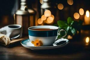 ein Tasse von Tee und ein Blume auf ein hölzern Tisch. KI-generiert foto
