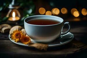 ein Tasse von Tee mit Sonnenblumen auf ein hölzern Tisch. KI-generiert foto