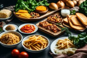 verschiedene Lebensmittel einschließlich brot, Eier, Kartoffeln, und andere Zutaten. KI-generiert foto