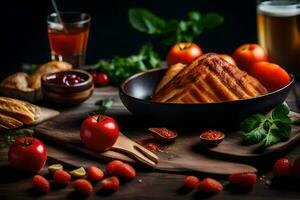 ein hölzern Tabelle mit brot, Tomaten und andere Lebensmittel. KI-generiert foto