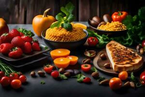 Lebensmittel auf ein Tabelle mit brot, Erdbeeren, Tomaten, und andere Früchte. KI-generiert foto