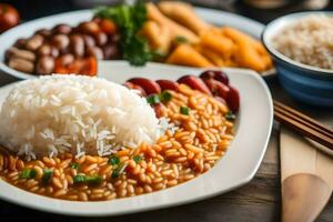 Chinesisch Essen mit Reis und Gemüse auf ein hölzern Tisch. KI-generiert foto