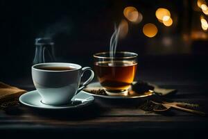 Kaffee und Tee auf ein hölzern Tisch. KI-generiert foto