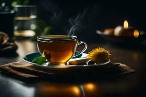 ein Tasse von Tee mit Löwenzahn Blätter und ein Kerze. KI-generiert foto