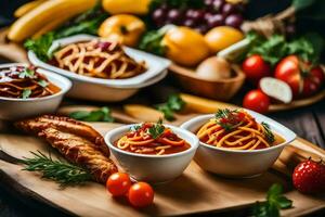 Italienisch Essen mit Pasta, Tomaten, Gemüse und Brot. KI-generiert foto