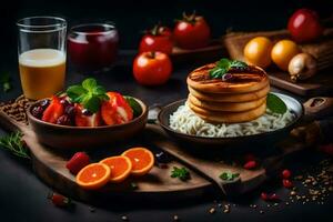 Pfannkuchen mit Obst und Gemüse auf ein hölzern Tisch. KI-generiert foto