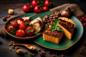 ein Teller mit brot, Erdbeeren und andere Früchte. KI-generiert foto