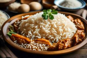 Chinesisch Essen mit Reis und Fleisch im ein Schüssel. KI-generiert foto