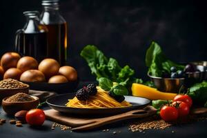 Spaghetti mit Brombeeren, Eier, und Gemüse auf ein schwarz Hintergrund. KI-generiert foto