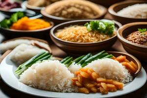 ein Vielfalt von Reis Geschirr sind vereinbart worden auf ein Tisch. KI-generiert foto