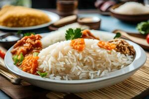 ein Schüssel von Reis mit Fleisch und Gemüse auf ein Tisch. KI-generiert foto