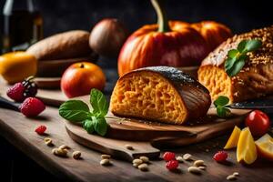 ein Laib von Brot mit Obst und Gemüse auf ein hölzern Schneiden Tafel. KI-generiert foto