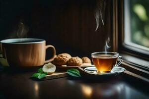 ein Tasse von Tee und Kekse auf ein Fenster Schwelle. KI-generiert foto