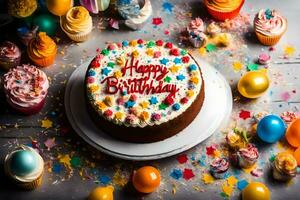 glücklich Geburtstag Kuchen mit bunt Sträusel auf ein hölzern Hintergrund. KI-generiert foto