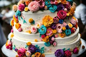 ein Hochzeit Kuchen mit bunt Blumen auf oben. KI-generiert foto