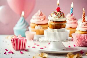 Geburtstag Kuchen mit Kerzen auf ein Tisch. KI-generiert foto