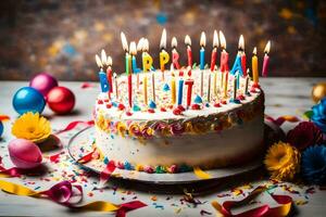 ein Geburtstag Kuchen mit zündete Kerzen auf Es. KI-generiert foto
