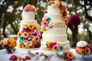 ein Hochzeit Kuchen mit bunt Blumen auf oben. KI-generiert foto