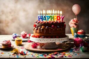 ein Geburtstag Kuchen mit das Wort glücklich auf Es. KI-generiert foto