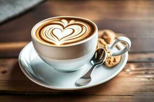 ein Cappuccino mit Herz geformt Latté Kunst auf ein hölzern Tisch. KI-generiert foto