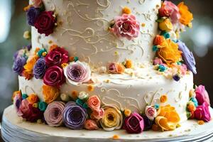 ein Hochzeit Kuchen mit bunt Blumen auf oben. KI-generiert foto