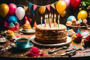 Geburtstag Kuchen mit Kerzen auf oben von Tisch. KI-generiert foto