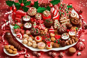 Weihnachten Süßigkeiten Teller mit Süßigkeiten und Kekse. KI-generiert foto