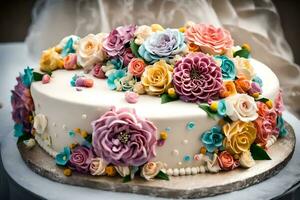 ein Kuchen dekoriert mit bunt Blumen auf oben. KI-generiert foto