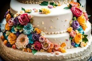 ein Hochzeit Kuchen mit bunt Blumen auf oben. KI-generiert foto