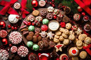 Weihnachten Kekse und Kekse auf ein schwarz Hintergrund. KI-generiert foto
