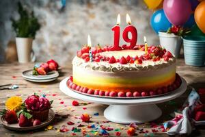 Geburtstag Kuchen mit Kerzen und Nummer 19 auf Es. KI-generiert foto