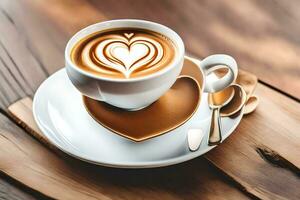 ein Tasse von Kaffee mit Herz geformt Latté Kunst auf ein hölzern Tisch. KI-generiert foto