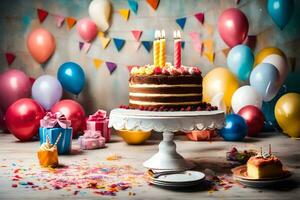 Geburtstag Kuchen mit Kerzen auf oben von Tabelle mit Konfetti und Luftballons. KI-generiert foto