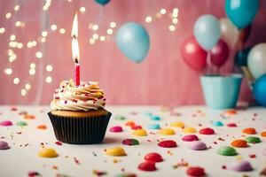 ein Cupcake mit ein zündete Kerze auf ein Tabelle mit Konfetti und Luftballons. KI-generiert foto