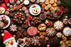 Weihnachten Kekse und Süßigkeiten auf ein Tisch. KI-generiert foto