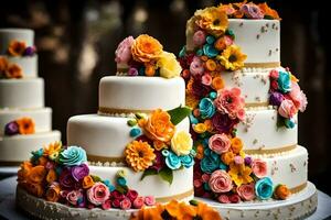 ein Hochzeit Kuchen mit bunt Blumen auf oben. KI-generiert foto