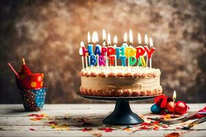glücklich Geburtstag Kuchen mit Kerzen auf ein hölzern Tisch. KI-generiert foto